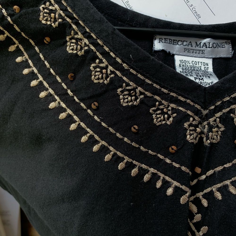 Rebecca Malone Petite Black Embroidered Boho Top PM 3/4‎ Sleeve Cotton Blouse - Picture 5 of 5